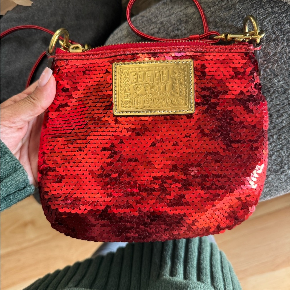 Coach Red Sequin Crossbody Bag with Gold Accents